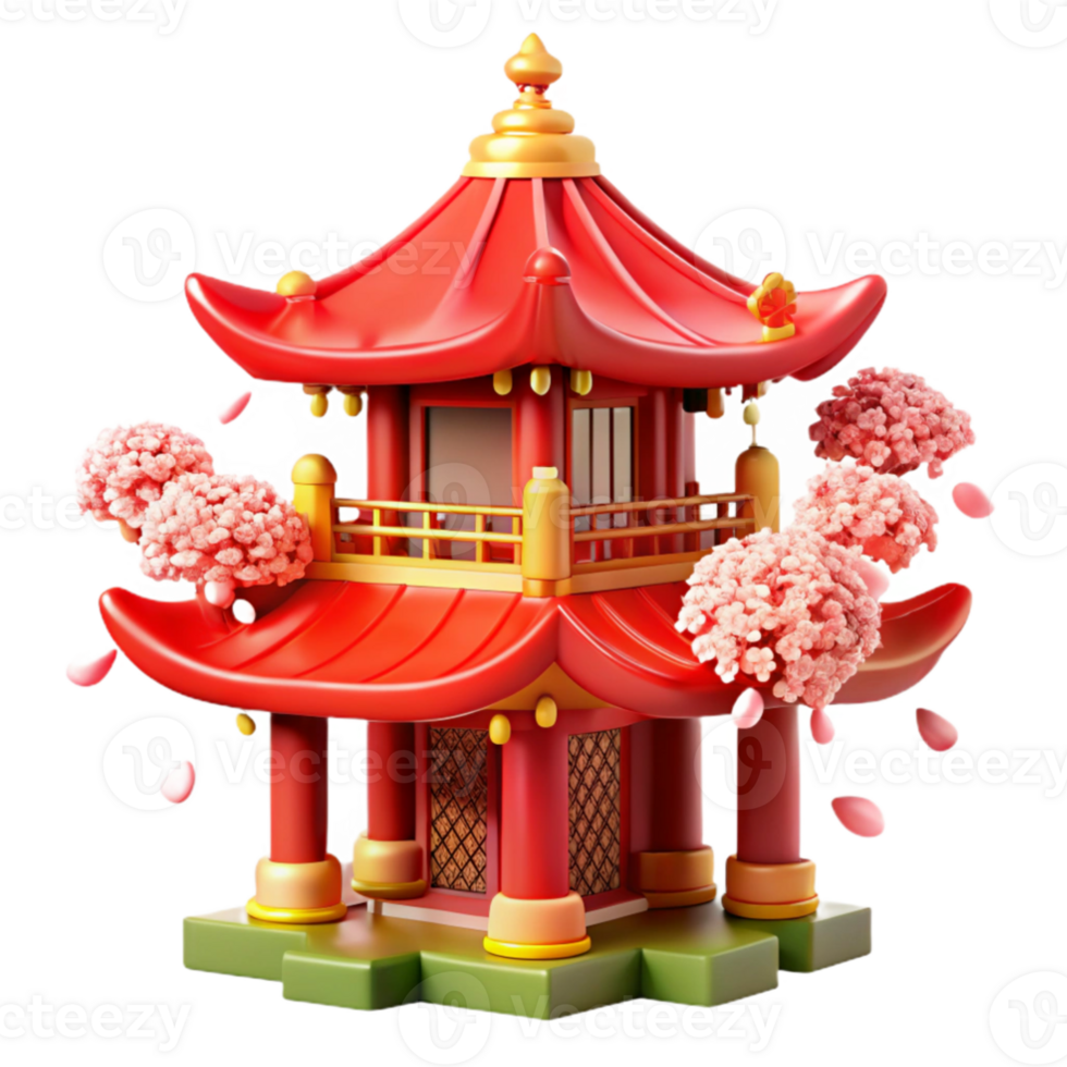 stunning contemporary serene contemporary A traditional Chinese pagoda, intricate red and gold details, surrounded by cherry blossoms, vibrant spring colors, realistic rendering, original original png