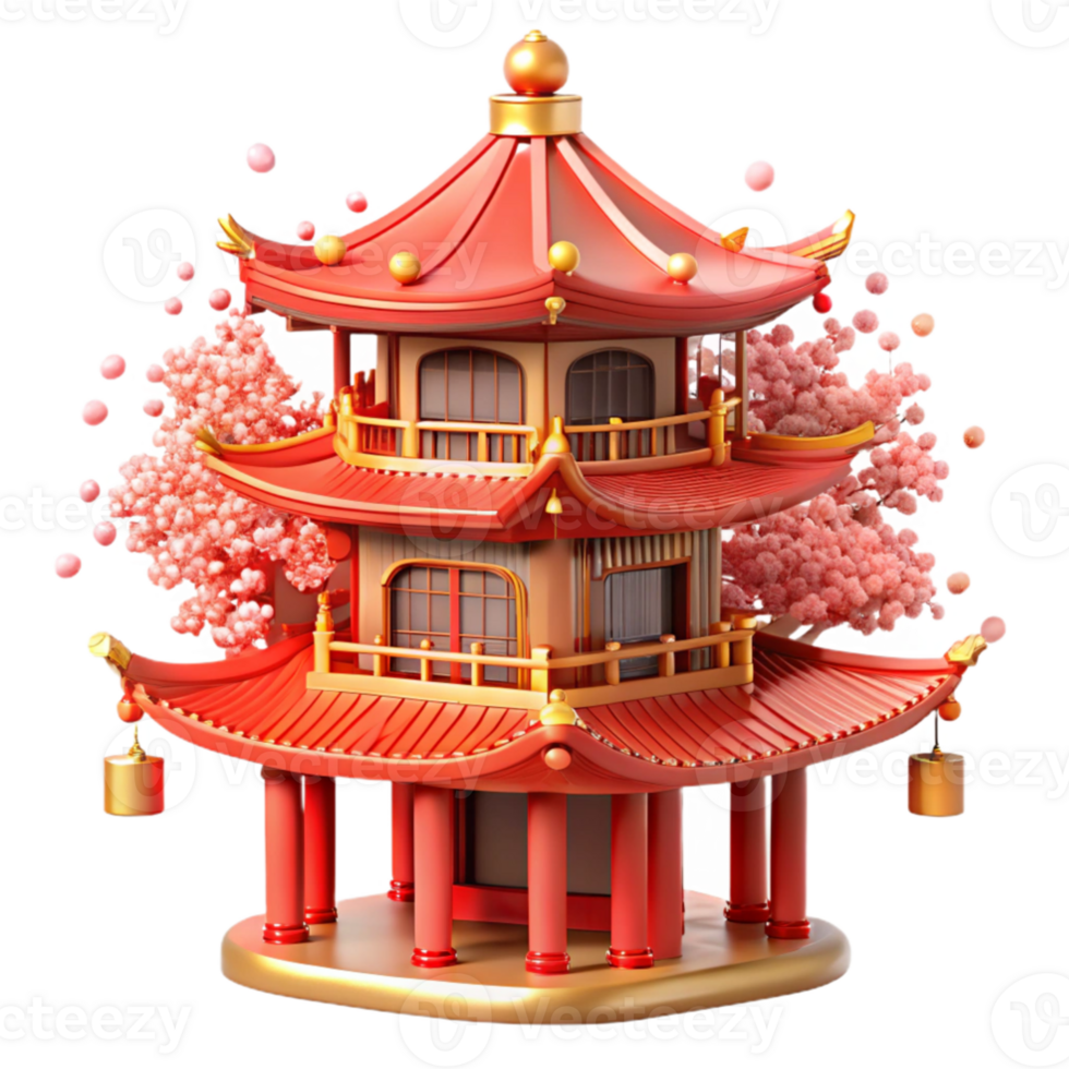 vibrant contemporary stunning artistic A traditional Chinese pagoda, intricate red and gold details, surrounded by cherry blossoms, vibrant spring colors, realistic rendering, detailed high quality png