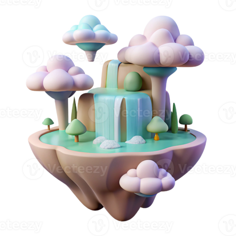 impressive traditional beautiful classic A serene, floating island with waterfalls cascading into the clouds below, soft, pastel colors, dreamlike art style authentic detailed png
