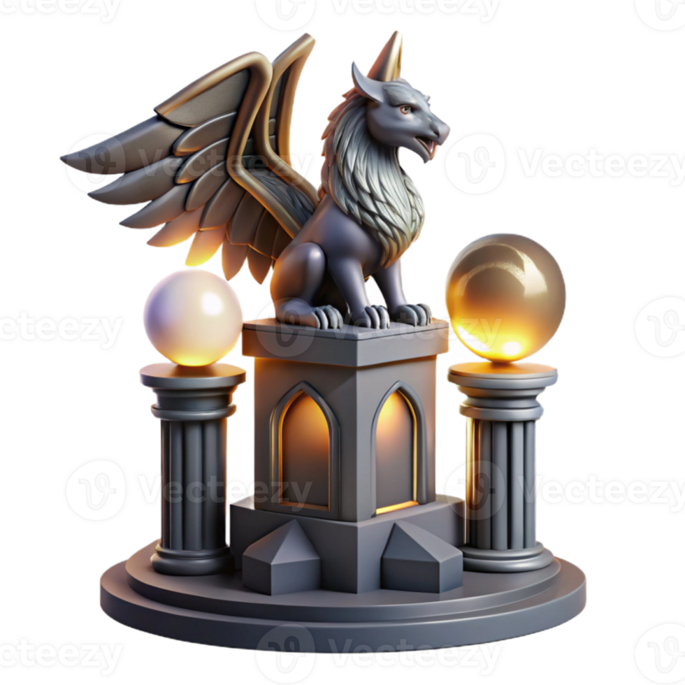 wonderful artistic extraordinary modern A majestic griffin perched atop a crumbling obsidian tower, illuminated by the ethereal glow of three moons, Art Deco style exclusive detailed png