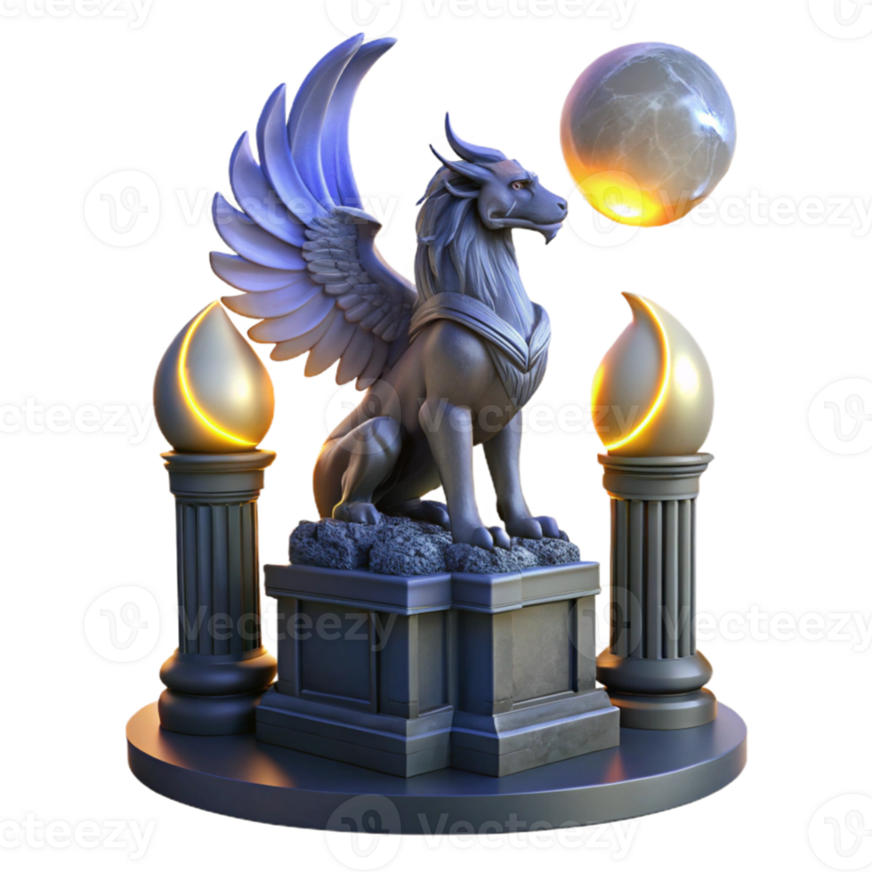 serene modern magnificent abstract A majestic griffin perched atop a crumbling obsidian tower, illuminated by the ethereal glow of three moons, Art Deco style detailed 4K png