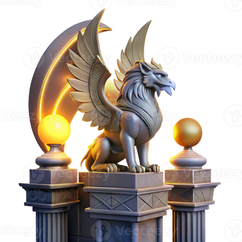 dramatic traditional dramatic rustic A majestic griffin perched atop a crumbling obsidian tower, illuminated by the ethereal glow of three moons, Art Deco style high quality exclusive png