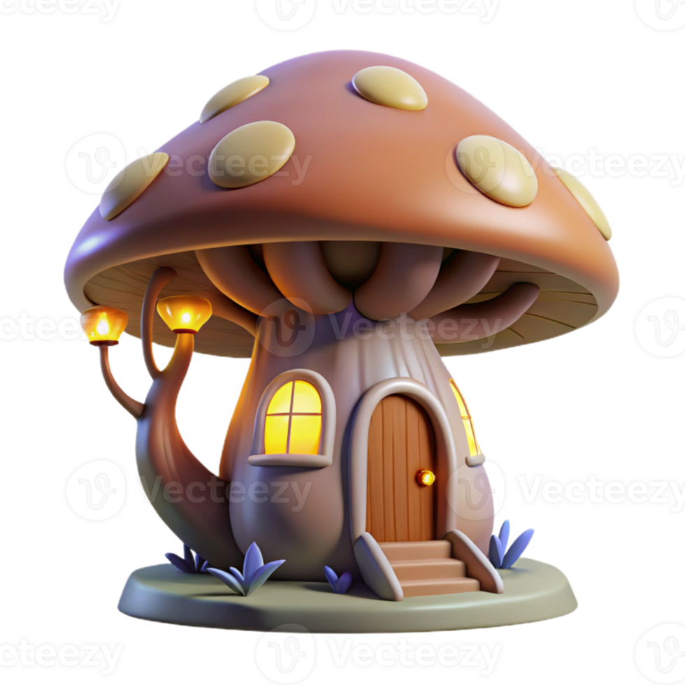 elegant abstract wonderful contemporary A whimsical, mushroom-shaped house with glowing windows nestled within the roots of a giant, bioluminescent tree, soft diffuse lighting, Ghibli Studio style... png