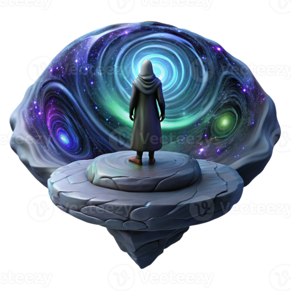extraordinary creative dramatic modern A lone, cloaked figure standing on a precipice overlooking a swirling vortex of iridescent nebulae, dramatic chiaroscuro lighting, Greg Rutkowski style... png