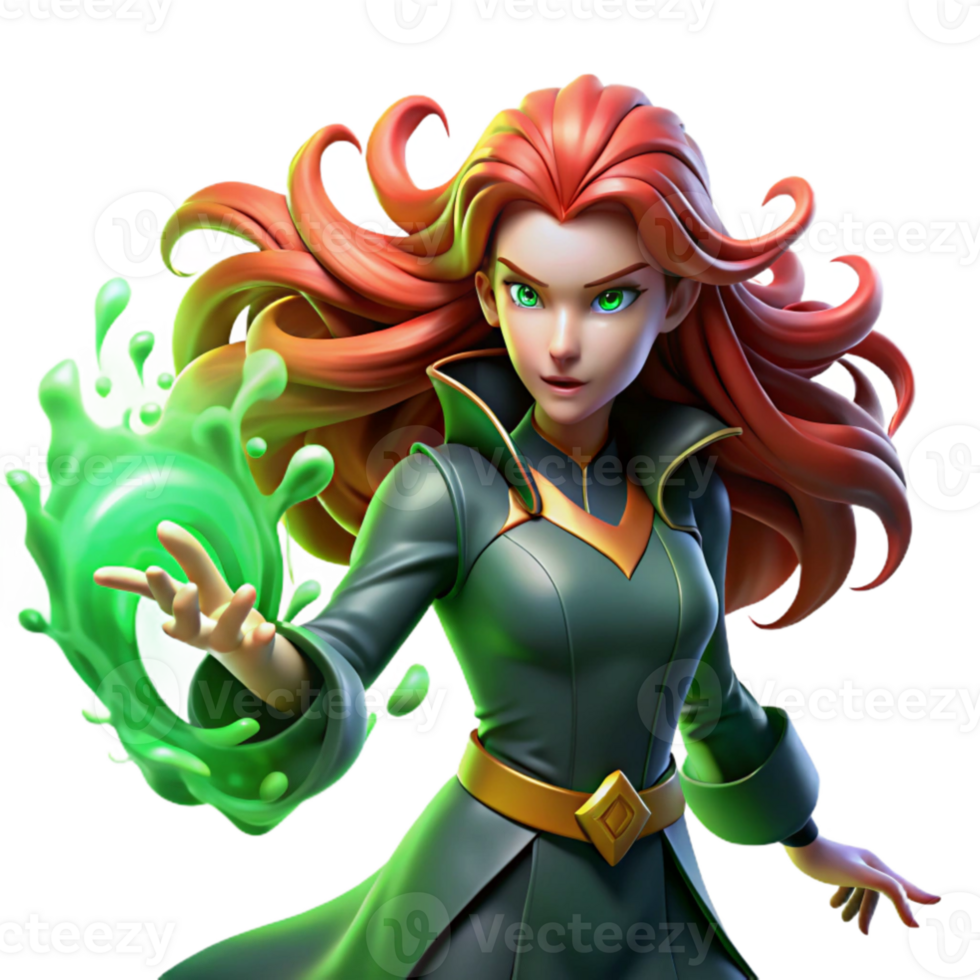 vibrant contemporary serene abstract A powerful sorceress with flowing crimson hair casting a spell amidst a storm of swirling emerald energy, dynamic lighting, Art Nouveau style 4K high quality png