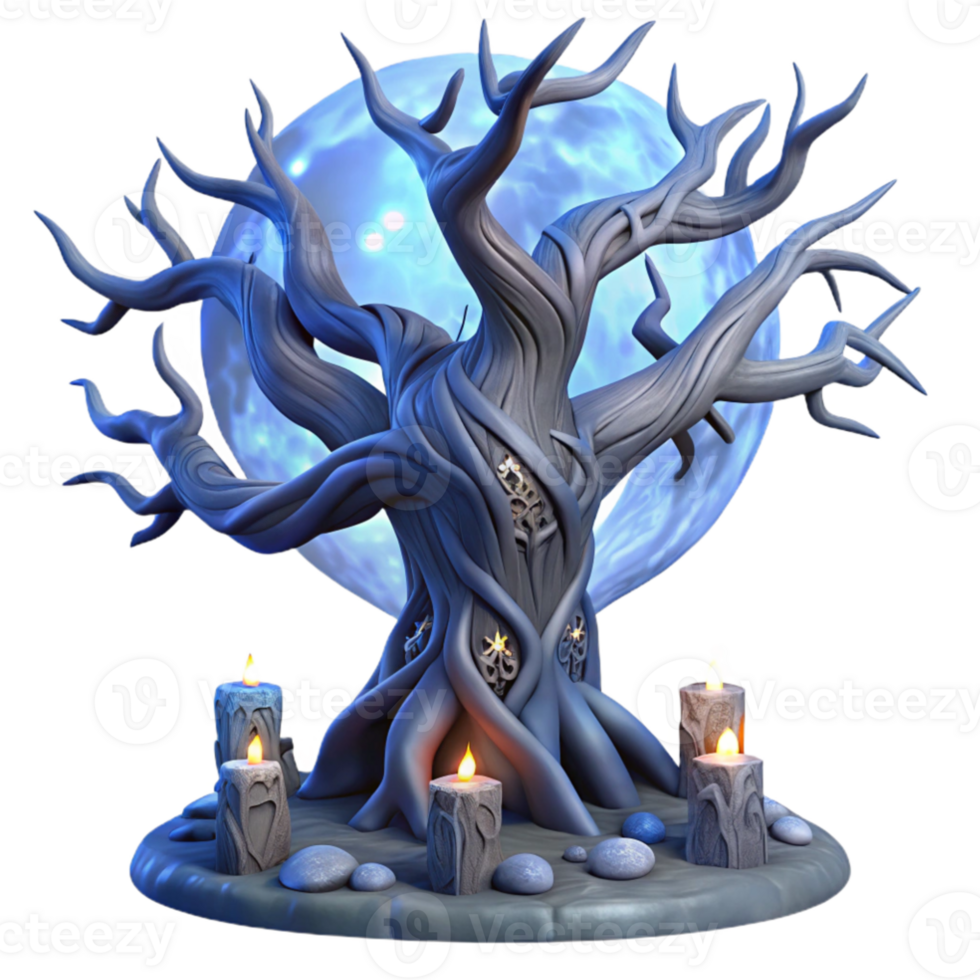 vibrant vintage impressive artistic An ancient, gnarled tree entwined with glowing runes, bathed in the cold light of a full moon, dark fantasy art style authentic high quality png