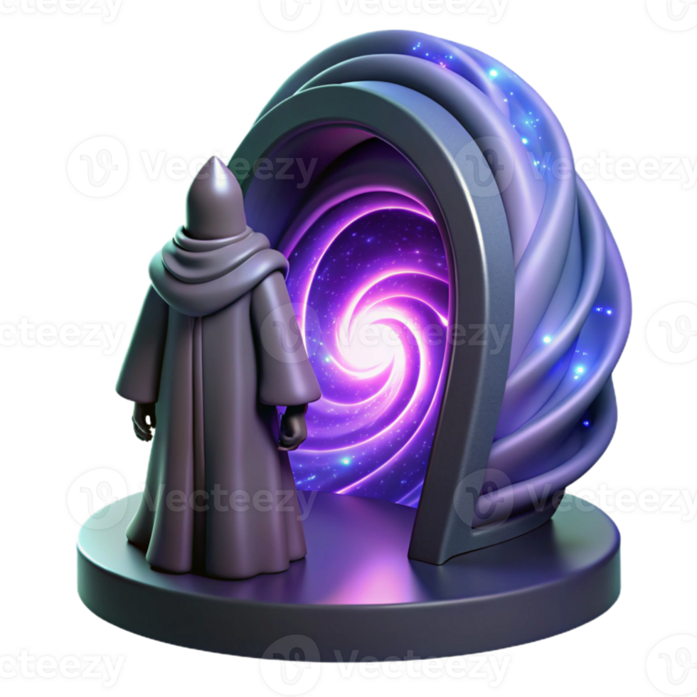 wonderful rustic wonderful contemporary A mysterious, hooded figure standing before a portal swirling with cosmic energy, dramatic lighting, surrealism style high quality exclusive png