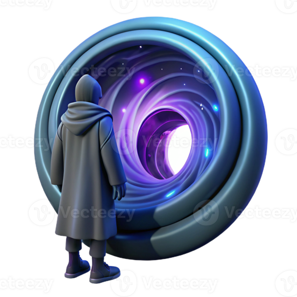beautiful rustic stunning minimalist A mysterious, hooded figure standing before a portal swirling with cosmic energy, dramatic lighting, surrealism style genuine original png