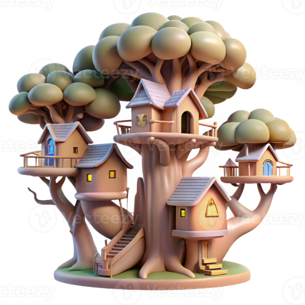 elegant modern magnificent rustic A whimsical, treehouse village built into the branches of giant, interconnected trees, soft, diffuse sunlight, Ghibli Studio style detailed genuine png
