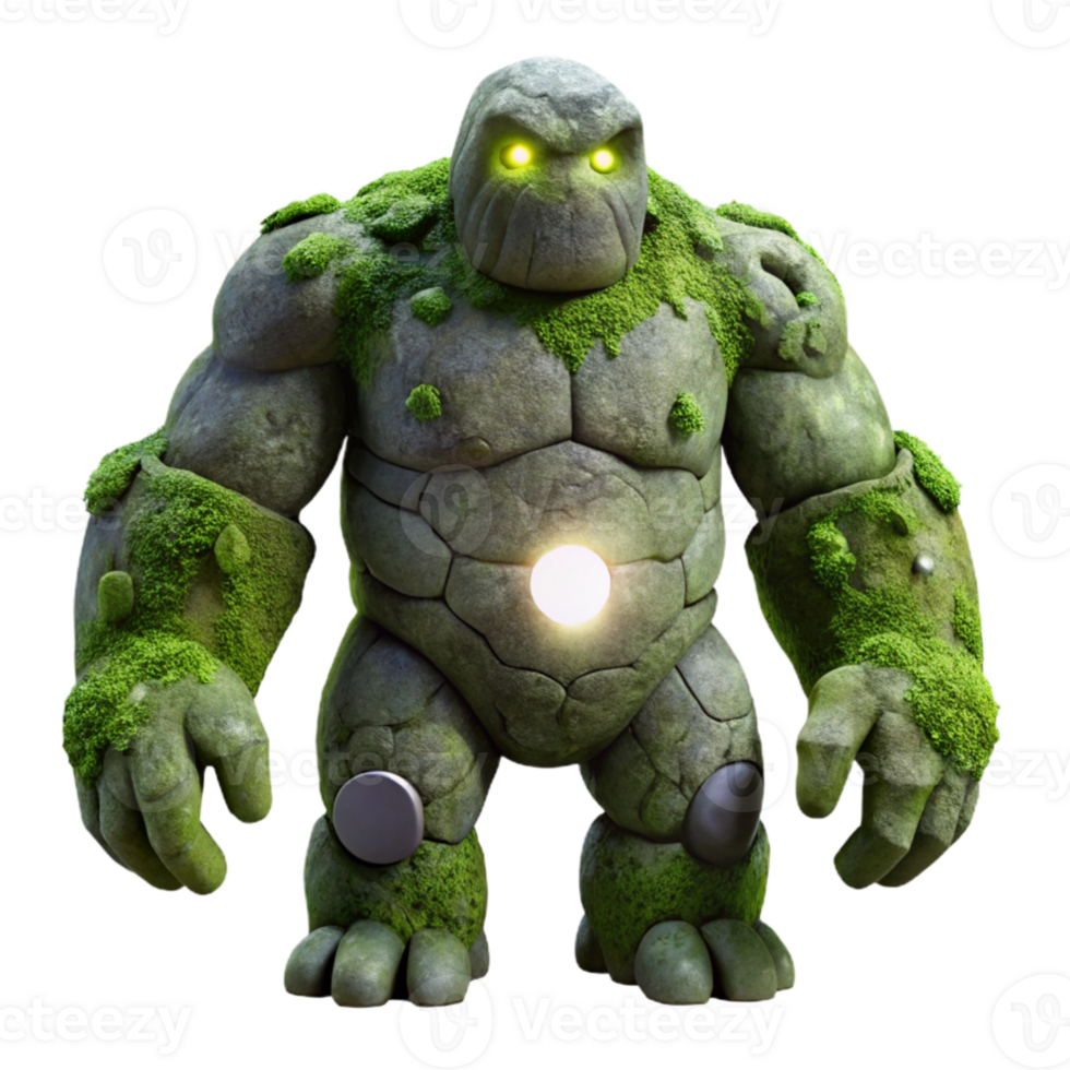 dramatic contemporary serene classic A colossal, stone golem covered in glowing moss standing guard over a ruined temple, soft, moonlight, dark fantasy art style detailed premium png