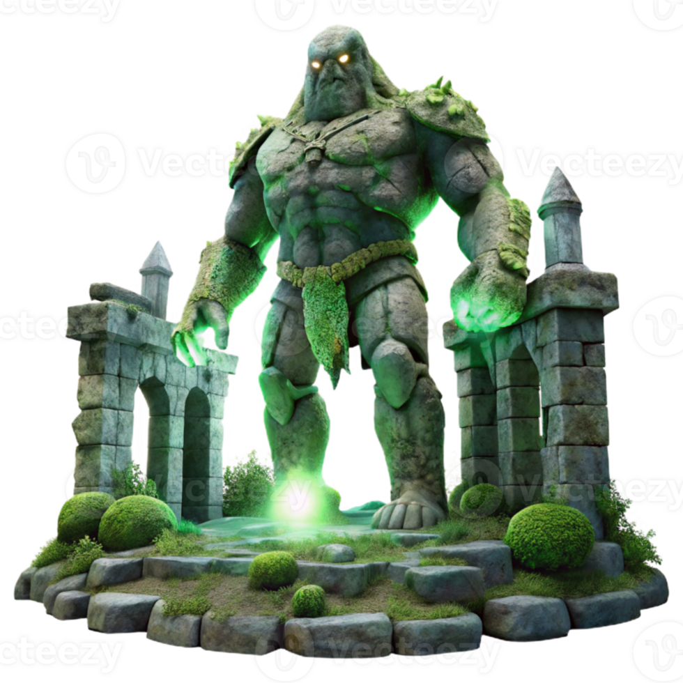 wonderful vintage impressive traditional A colossal, stone golem covered in glowing moss standing guard over a ruined temple, soft, moonlight, dark fantasy art style high quality professional png