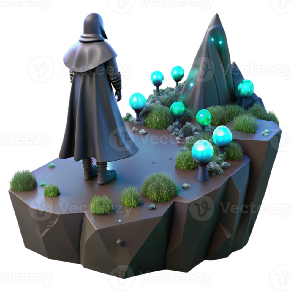 stunning artistic impressive abstract A lone, cloaked figure standing on a precipice overlooking a valley filled with bioluminescent flora, dramatic chiaroscuro lighting, Greg Rutkowski style... png