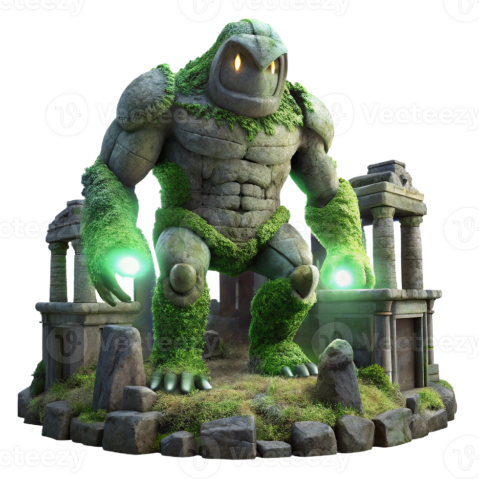 stunning traditional elegant classic A colossal, stone golem covered in glowing moss standing guard over a ruined temple, soft, moonlight, dark fantasy art style premium professional png