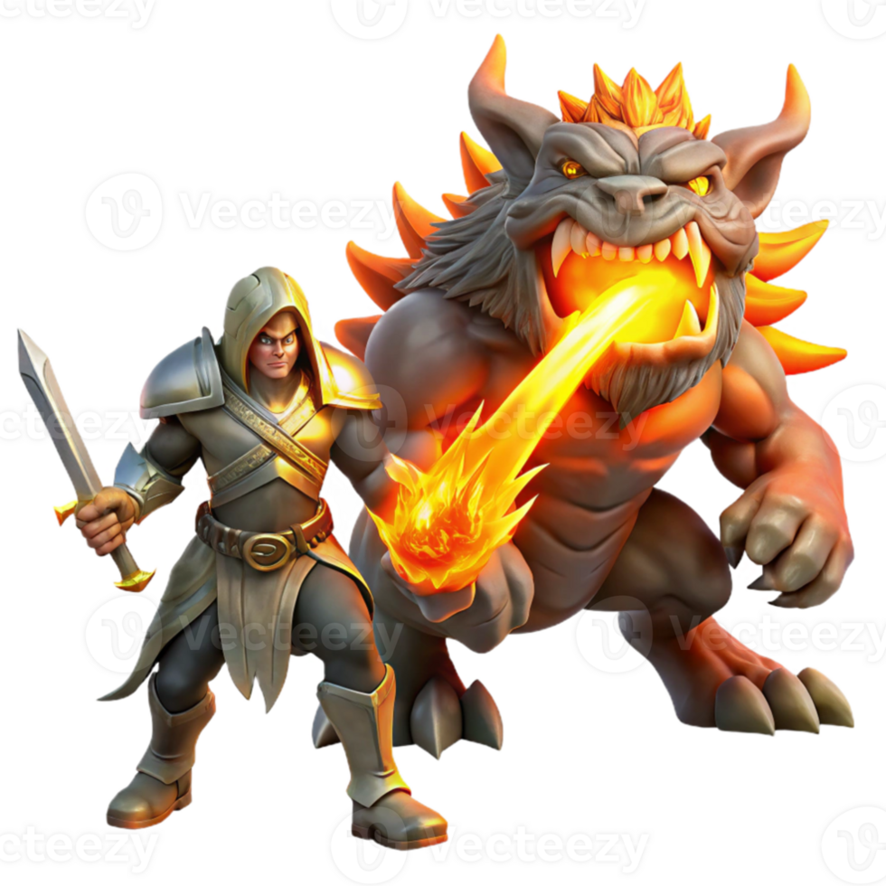 elegant modern magnificent abstract A warrior wielding a flaming sword against a colossal, shadowy beast, dramatic backlighting, Alphonse Mucha style high quality premium png