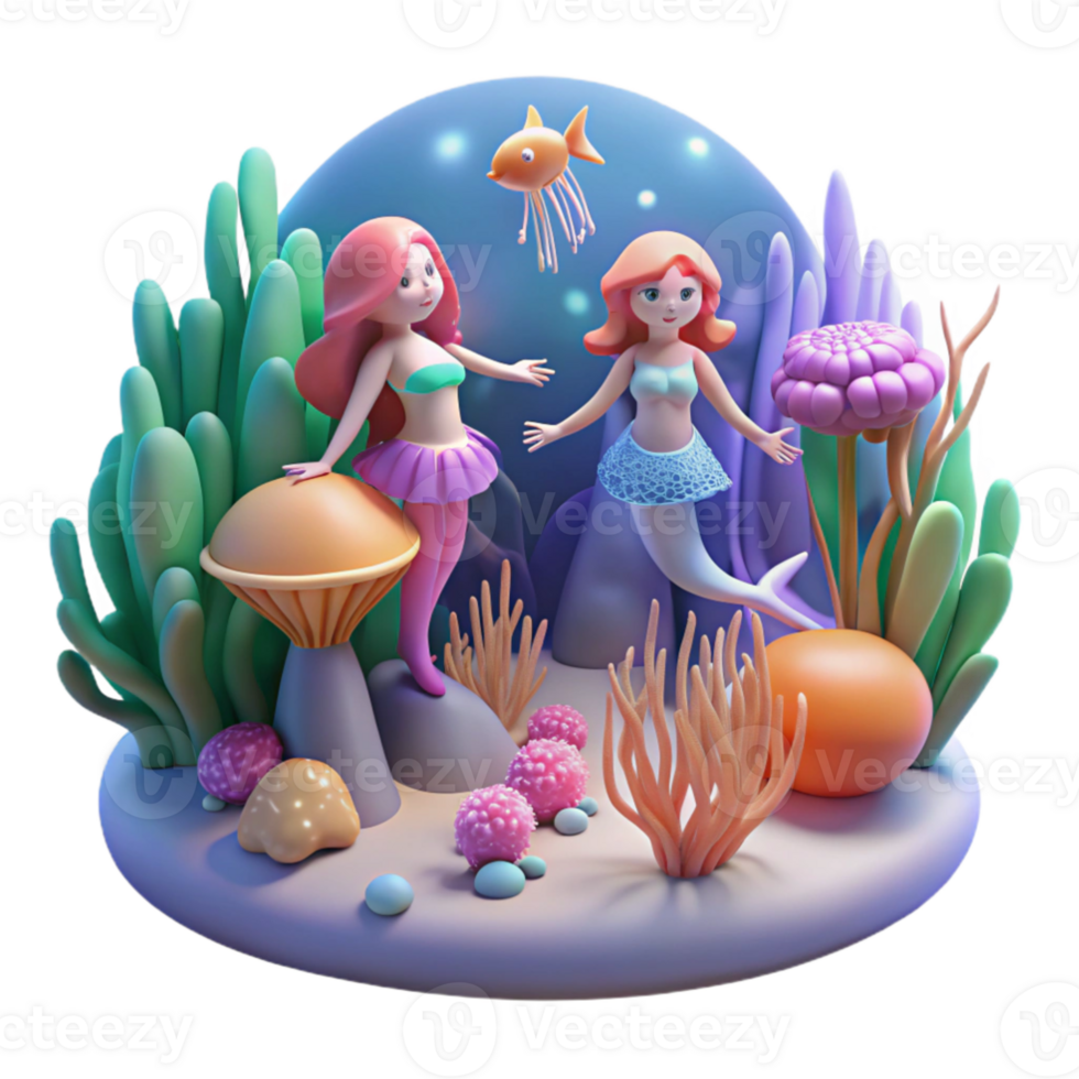 extraordinary traditional beautiful abstract A serene underwater scene with mermaids swimming amongst coral reefs and glowing jellyfish, soft, diffused lighting, Disney Renaissance style premium... png
