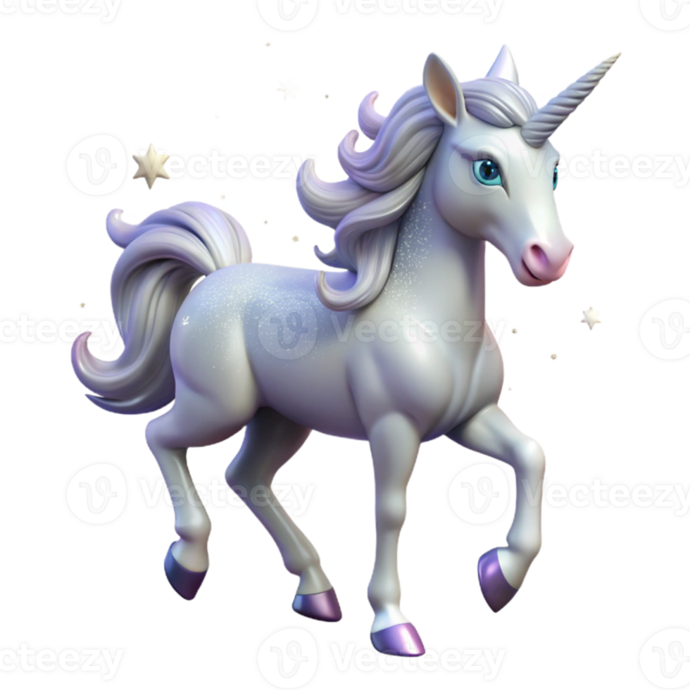 magnificent contemporary stunning creative A majestic unicorn with a silver mane and horn prancing through a field of stardust, soft, sparkling lighting, Lisa Frank style original high quality png