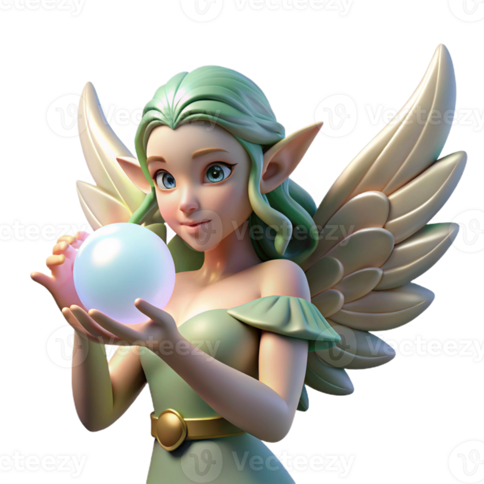 serene classic impressive modern A beautiful, winged elf holding a glowing orb, soft, ethereal light emanating from the orb, Art Nouveau style original high quality png
