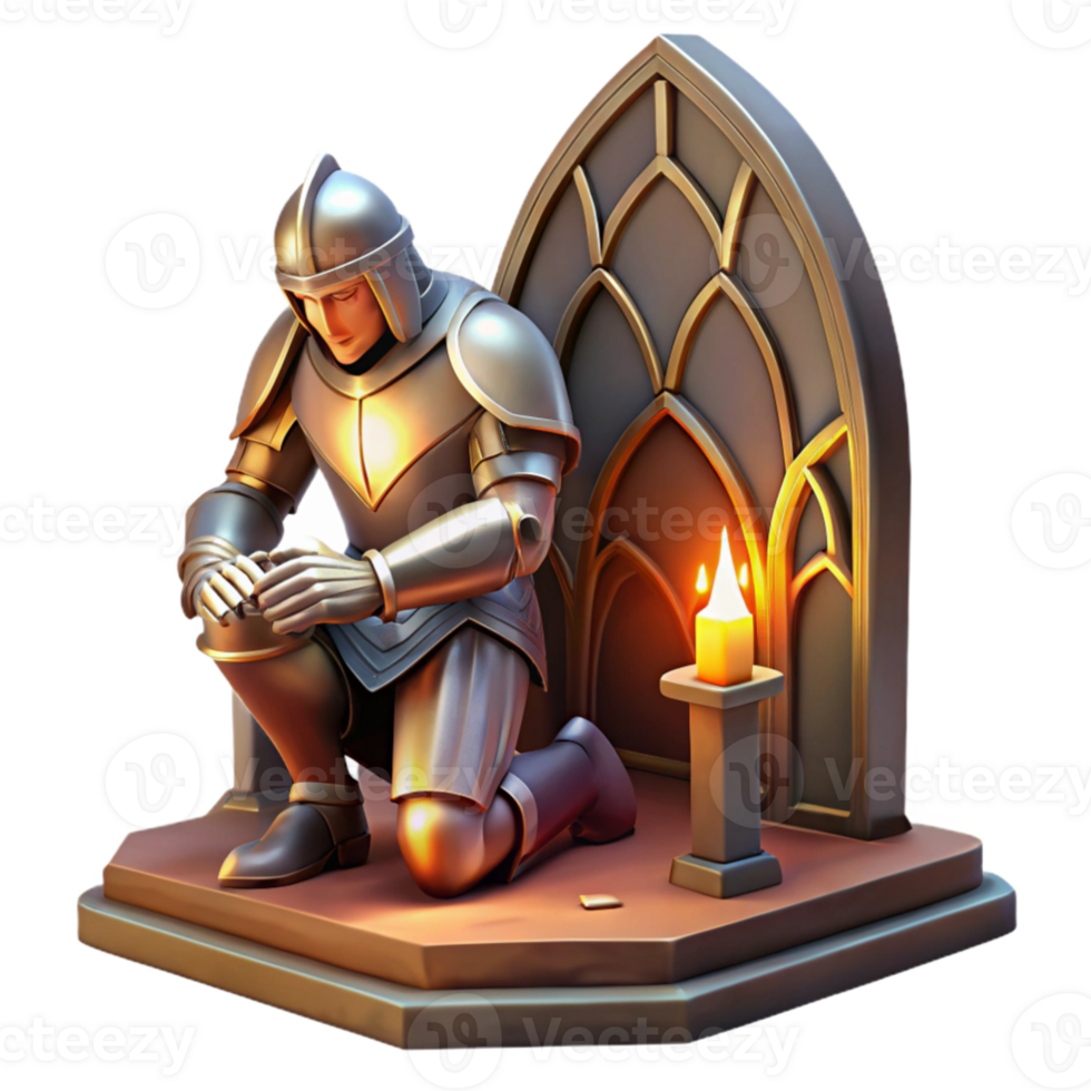 wonderful artistic elegant abstract A powerful, armored knight kneeling before a glowing altar, dramatic, stained-glass lighting, medieval manuscript style original professional png