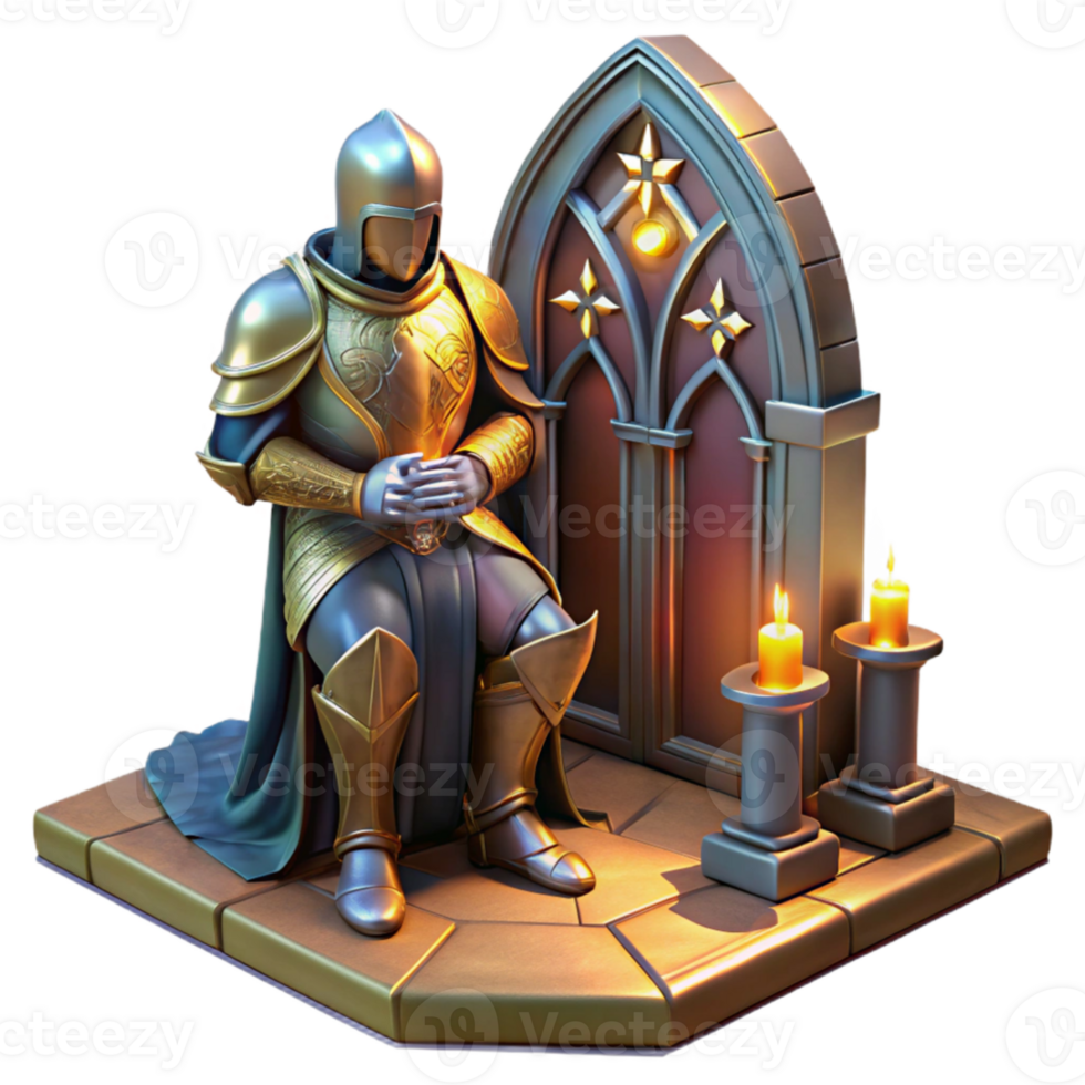 serene minimalist impressive abstract A powerful, armored knight kneeling before a glowing altar, dramatic, stained-glass lighting, medieval manuscript style detailed genuine png