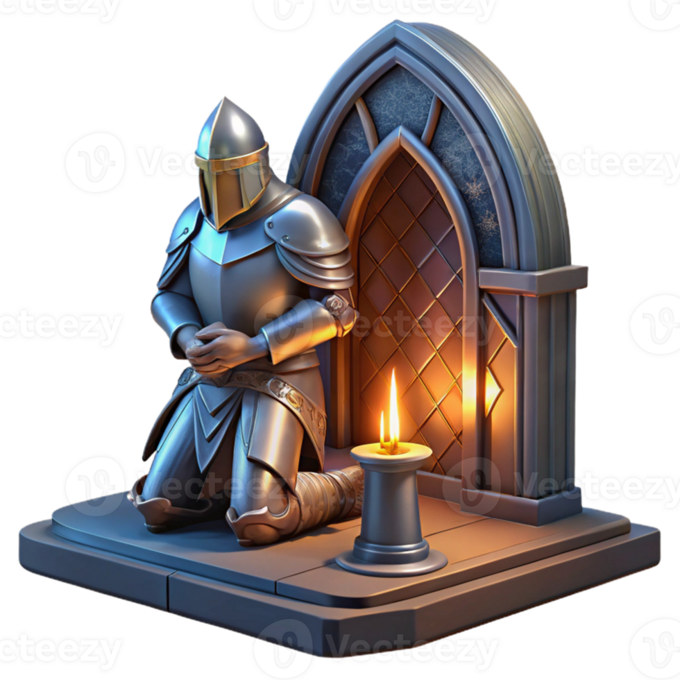 magnificent rustic elegant traditional A powerful, armored knight kneeling before a glowing altar, dramatic, stained-glass lighting, medieval manuscript style exclusive authentic png