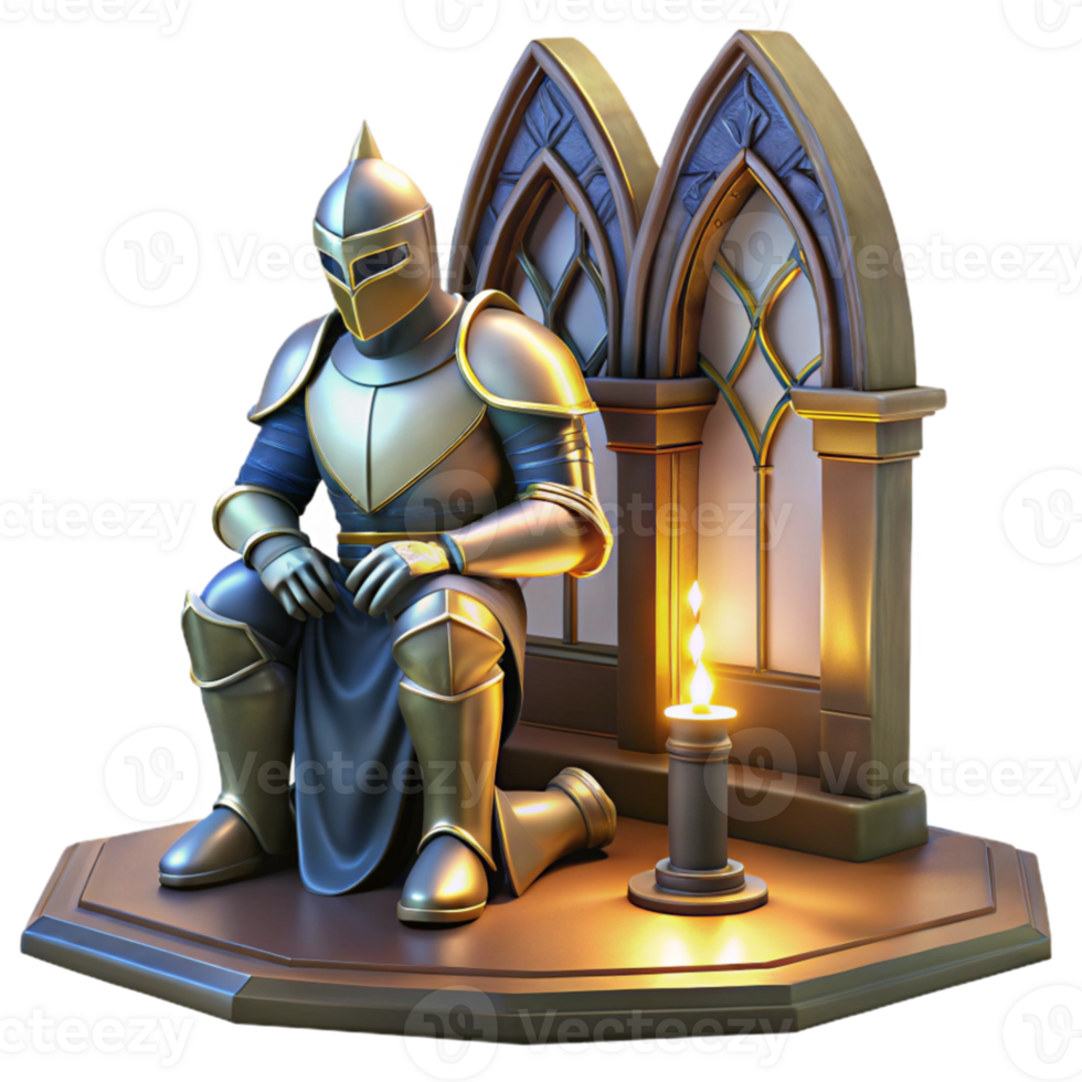 vibrant modern serene traditional A powerful, armored knight kneeling before a glowing altar, dramatic, stained-glass lighting, medieval manuscript style original high quality png