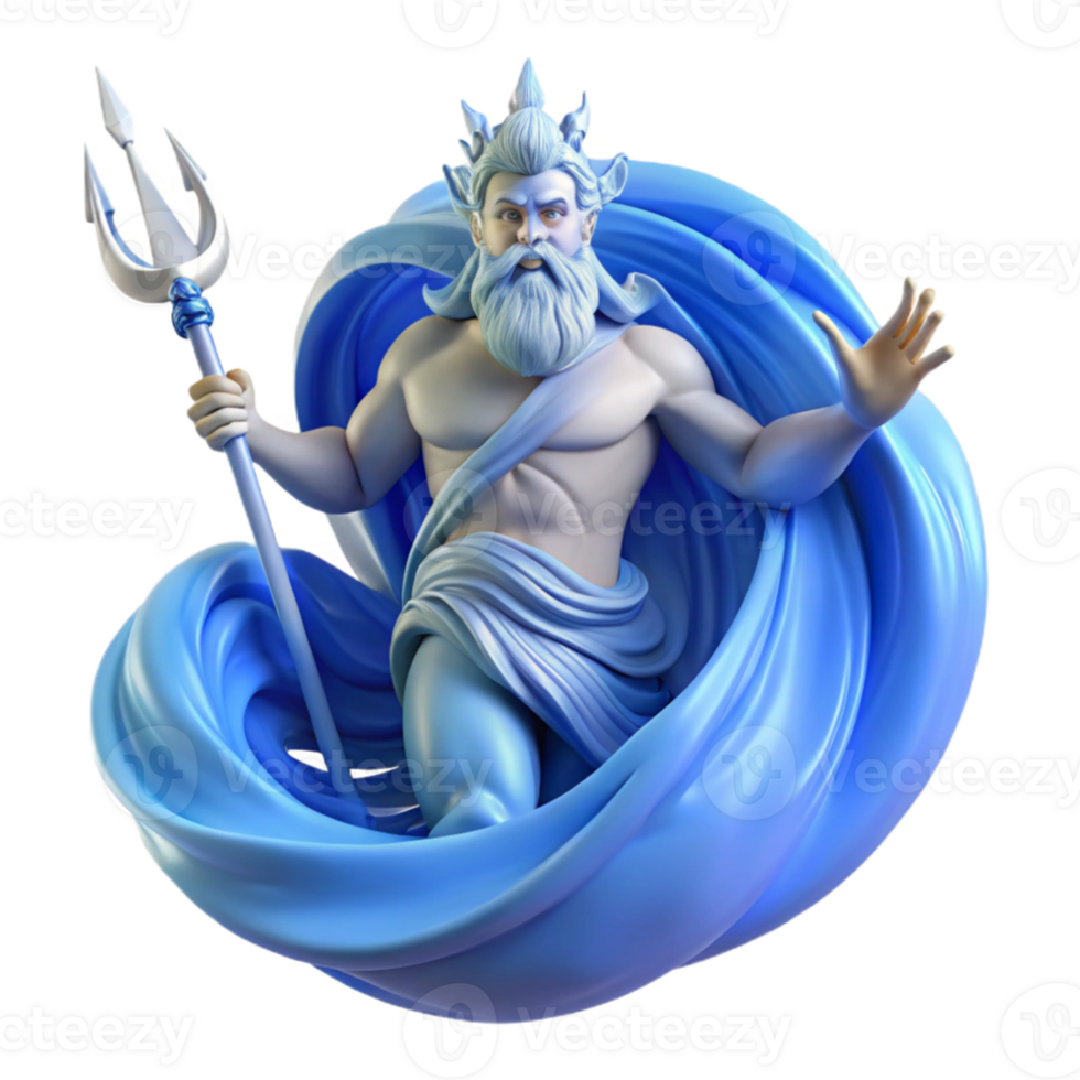 wonderful modern stunning abstract Poseidon, god of the sea, rising from a swirling vortex of water, holding a trident, deep blue lighting, Art Nouveau style detailed exclusive png