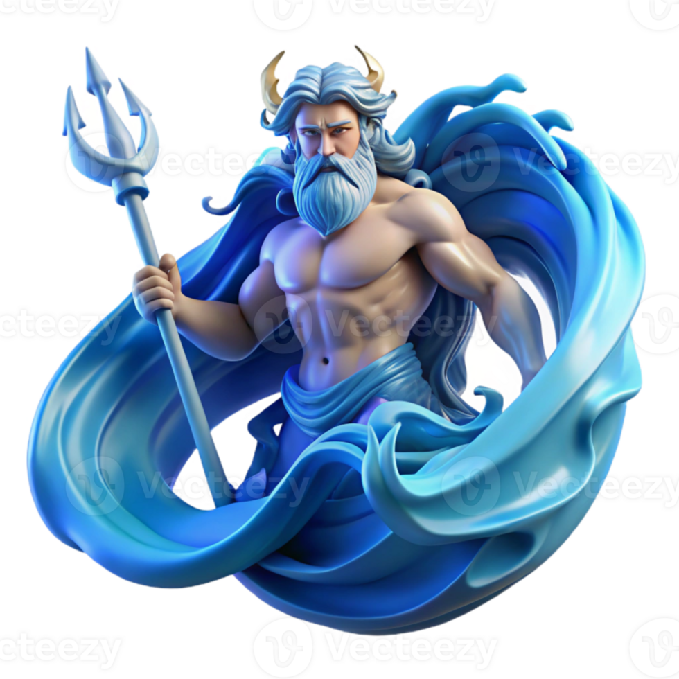 serene rustic extraordinary vintage Poseidon, god of the sea, rising from a swirling vortex of water, holding a trident, deep blue lighting, Art Nouveau style premium high quality png