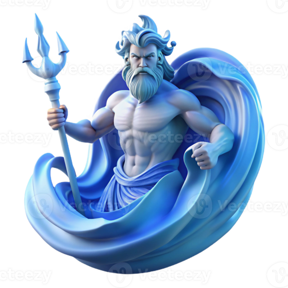 stunning abstract magnificent rustic Poseidon, god of the sea, rising from a swirling vortex of water, holding a trident, deep blue lighting, Art Nouveau style original professional png