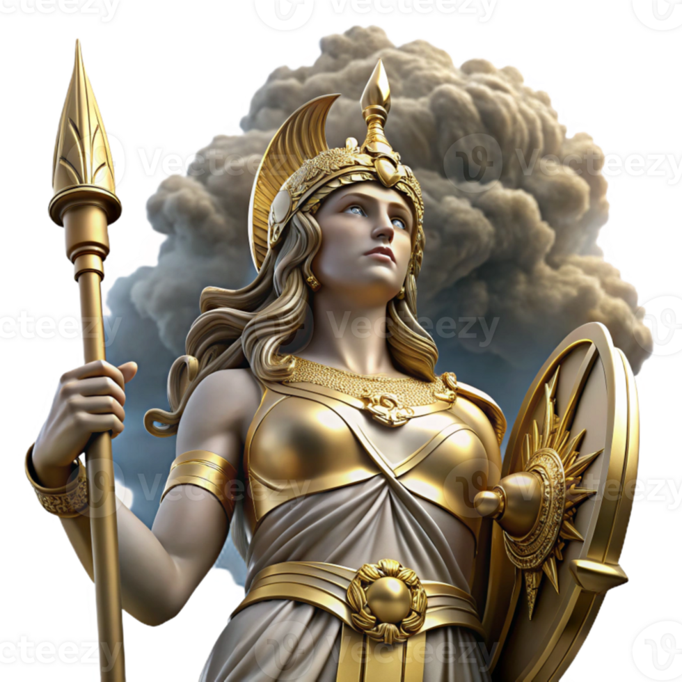 extraordinary abstract serene artistic Athena, Greek goddess of wisdom, wearing shimmering bronze armor, holding a spear aloft against a stormy sky, dramatic lighting, neoclassical sculpture style... png