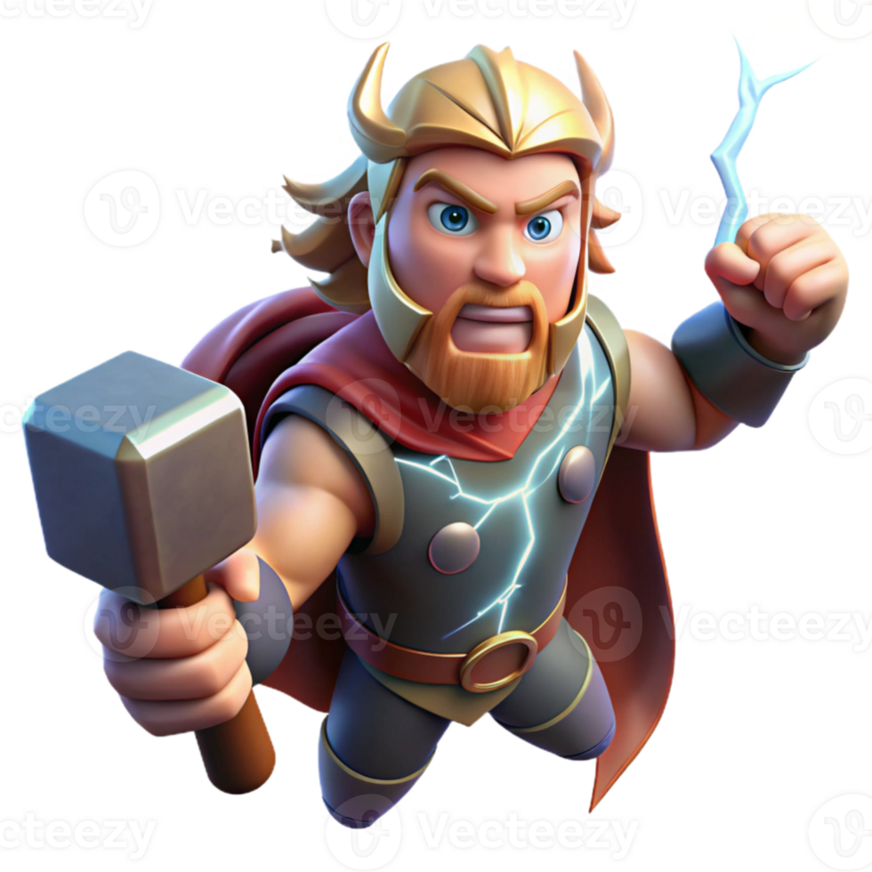 vibrant contemporary dramatic rustic Thor, Norse god of thunder, wielding Mjolnir amidst a raging thunderstorm, lightning illuminating his face, comic book style premium high quality png