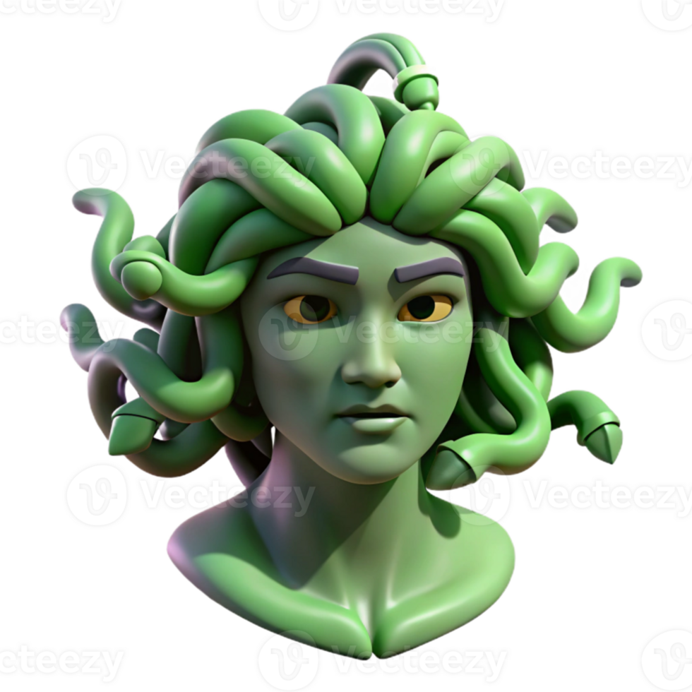 extraordinary artistic stunning artistic Medusa, with snakes for hair, turning a warrior to stone, ominous green lighting, surrealist style professional detailed png