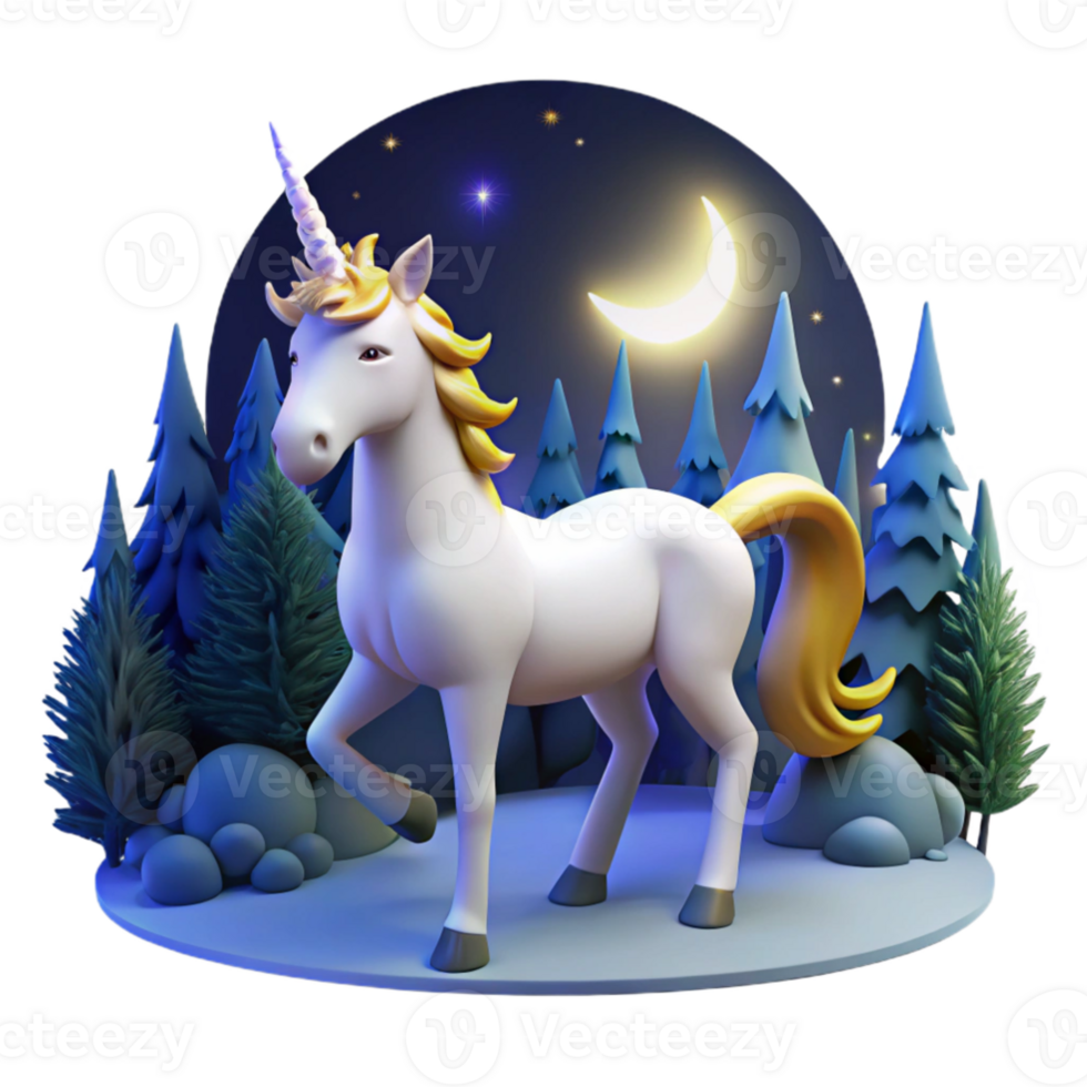 beautiful traditional beautiful abstract A majestic white unicorn with a golden horn standing in a moonlit forest, ethereal blue lighting, fantasy art style 4K premium png