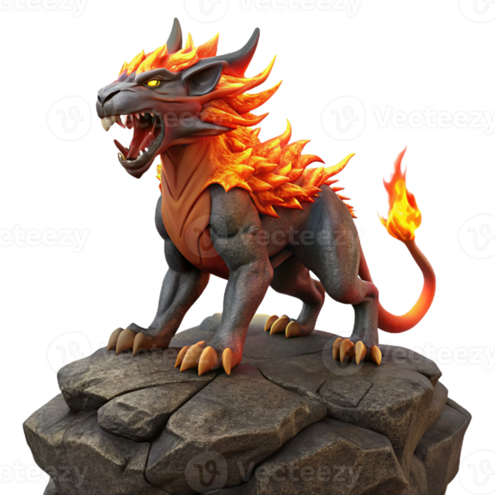 magnificent vintage beautiful rustic A chimera, a fire-breathing hybrid creature, standing on a rocky outcrop, fiery lighting, hyperrealistic style original professional png