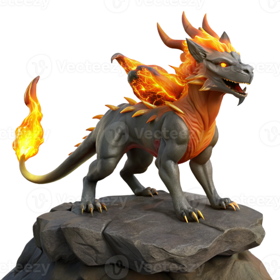 magnificent minimalist elegant contemporary A chimera, a fire-breathing hybrid creature, standing on a rocky outcrop, fiery lighting, hyperrealistic style high resolution exclusive png