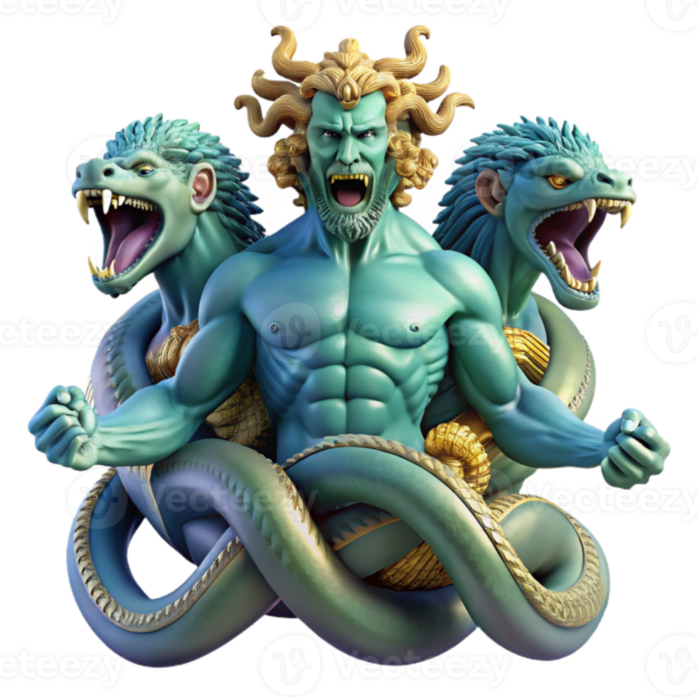 vibrant classic dramatic contemporary The Hydra, a multi-headed serpent, battling Hercules, dynamic lighting, Baroque painting style original 4K png
