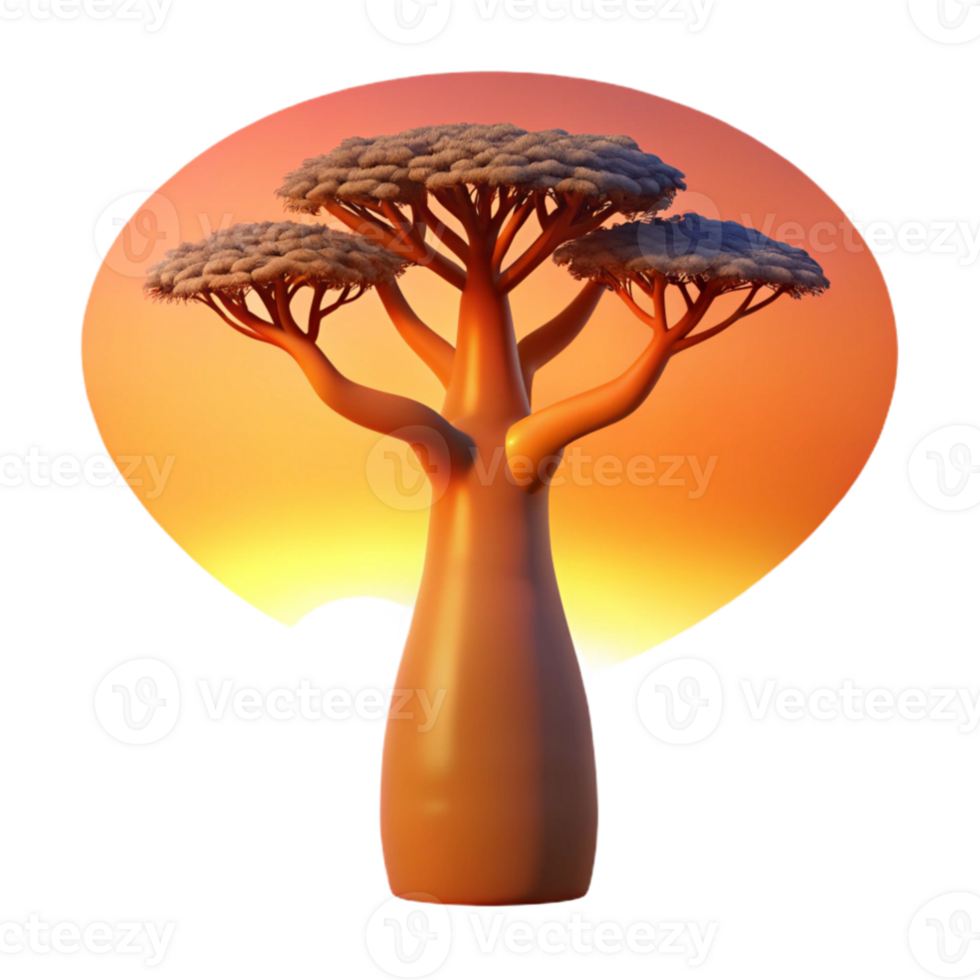 dramatic rustic serene contemporary A colossal baobab tree silhouetted against a fiery sunset, stark and minimalist, art style premium high quality png