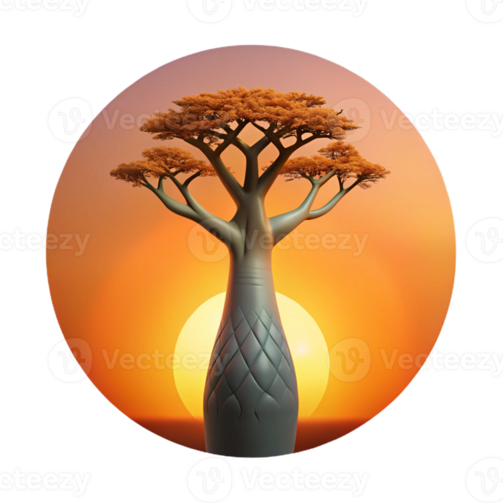 elegant contemporary impressive rustic A colossal baobab tree silhouetted against a fiery sunset, stark and minimalist, art style high resolution 4K png