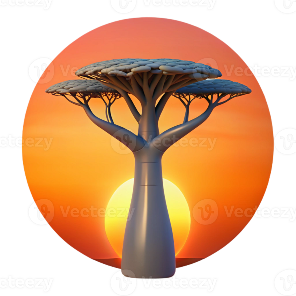 vibrant traditional extraordinary abstract A colossal baobab tree silhouetted against a fiery sunset, stark and minimalist, art style high quality high resolution png