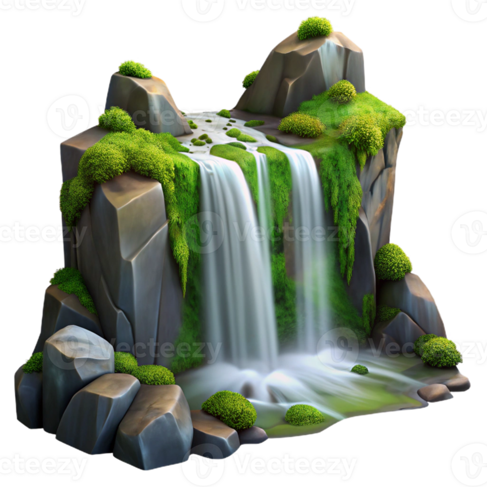 magnificent modern beautiful artistic A cascading waterfall flowing over moss-covered rocks, long exposure, ethereal lighting, romantic style exclusive authentic png