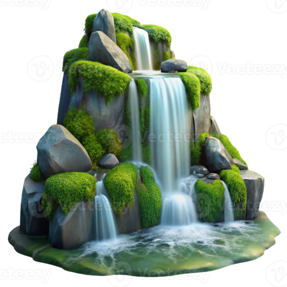 wonderful creative extraordinary vintage A cascading waterfall flowing over moss-covered rocks, long exposure, ethereal lighting, romantic style original 4K png