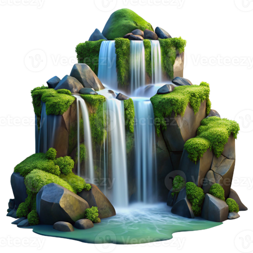 dramatic creative extraordinary modern A cascading waterfall flowing over moss-covered rocks, long exposure, ethereal lighting, romantic style 4K detailed png