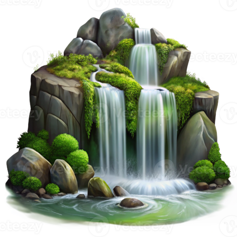 beautiful minimalist extraordinary traditional A cascading waterfall flowing over moss-covered rocks, long exposure, ethereal lighting, romantic style professional detailed png
