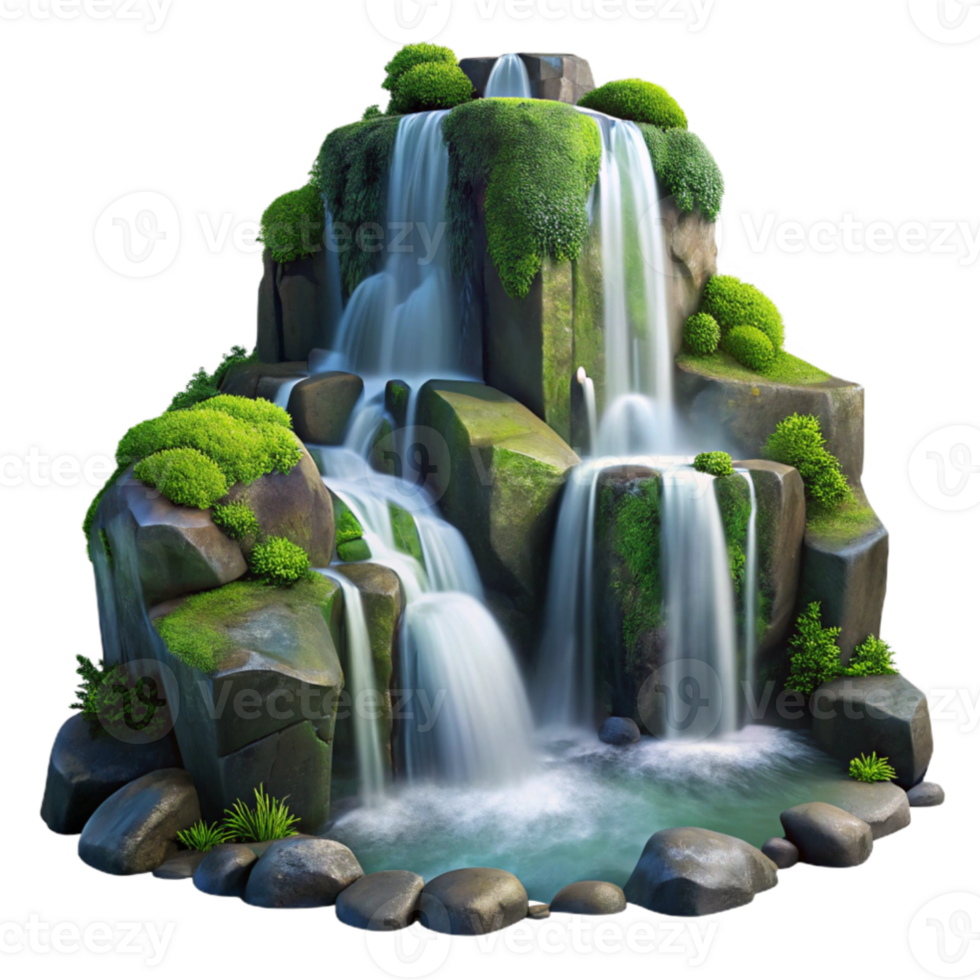 magnificent contemporary elegant vintage A cascading waterfall flowing over moss-covered rocks, long exposure, ethereal lighting, romantic style premium professional png