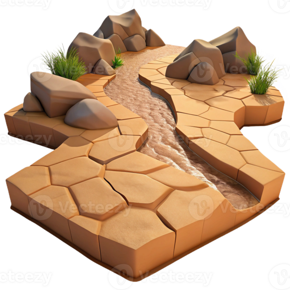 wonderful artistic stunning contemporary A dried-up riverbed in a desert landscape, cracked earth, harsh sunlight, photorealistic high resolution high quality png