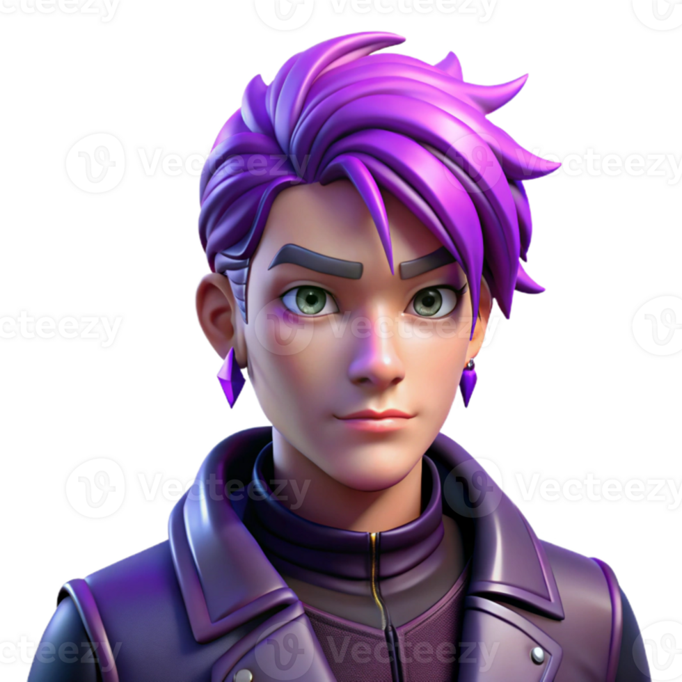 serene minimalist stunning artistic Portrait of an androgynous person with short, vibrant purple hair and multiple piercings, wearing a leather jacket and a defiant expression.... png