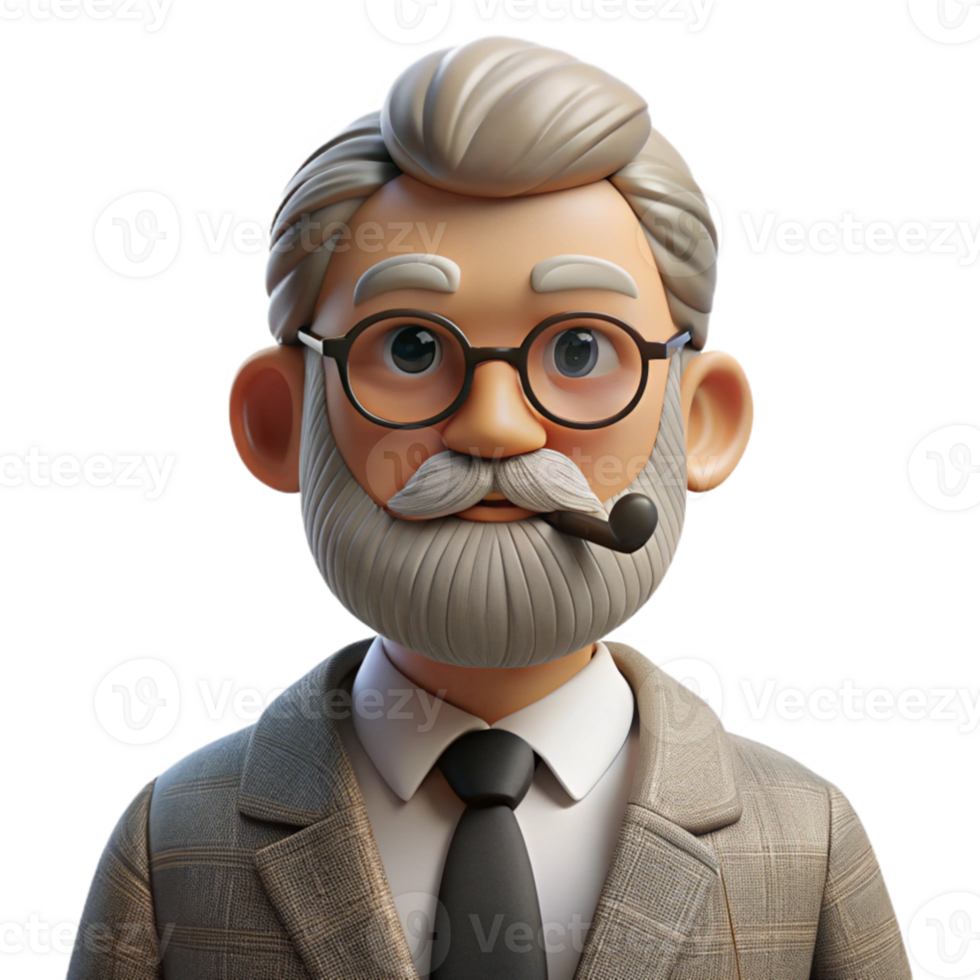 vibrant modern magnificent traditional Portrait of a confident, older gentleman with a distinguished grey beard and spectacles, wearing a tweed suit and holding a pipe. Chiaroscuro lighting.... png