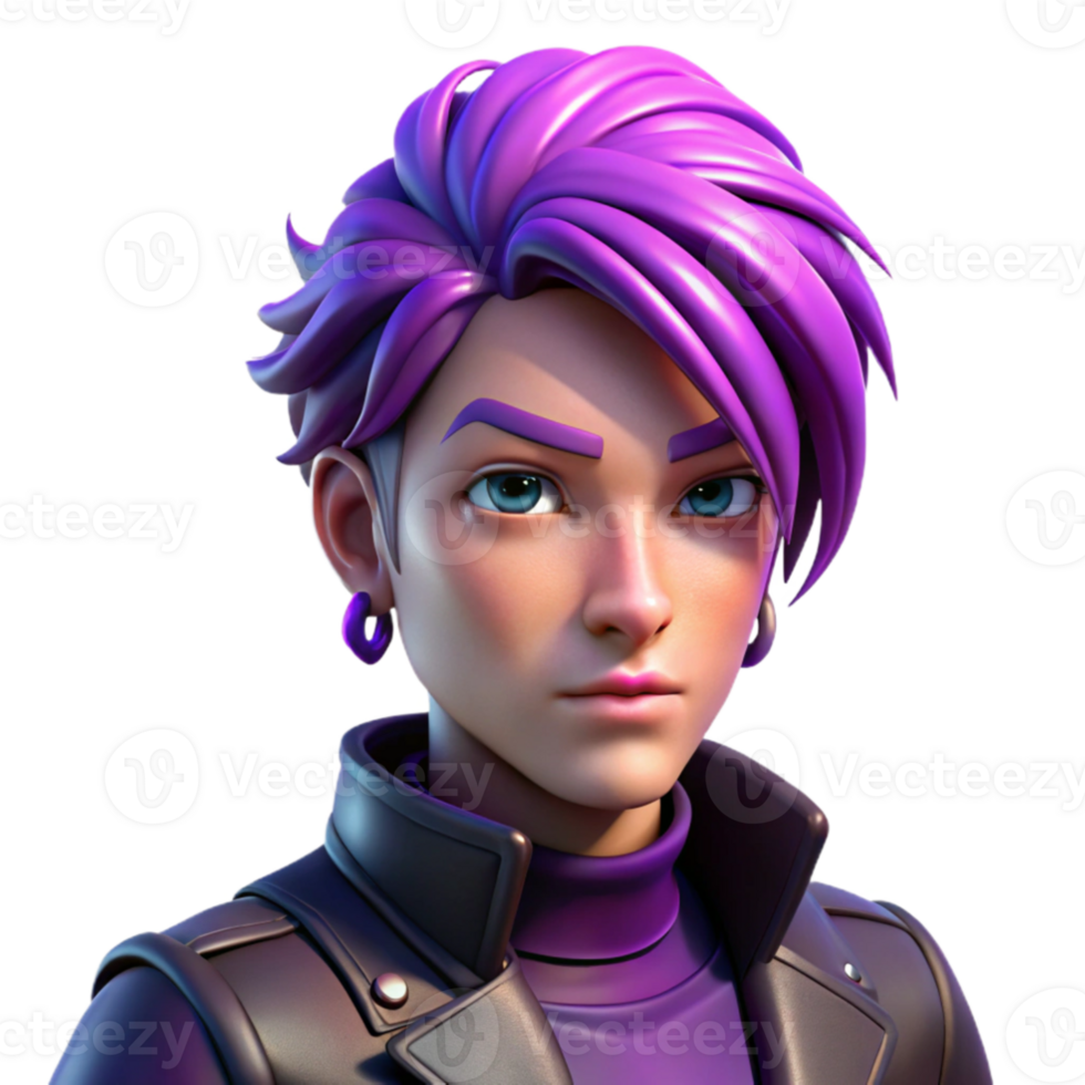 impressive modern serene classic Portrait of an androgynous person with short, vibrant purple hair and multiple piercings, wearing a leather jacket and a defiant expression.... png
