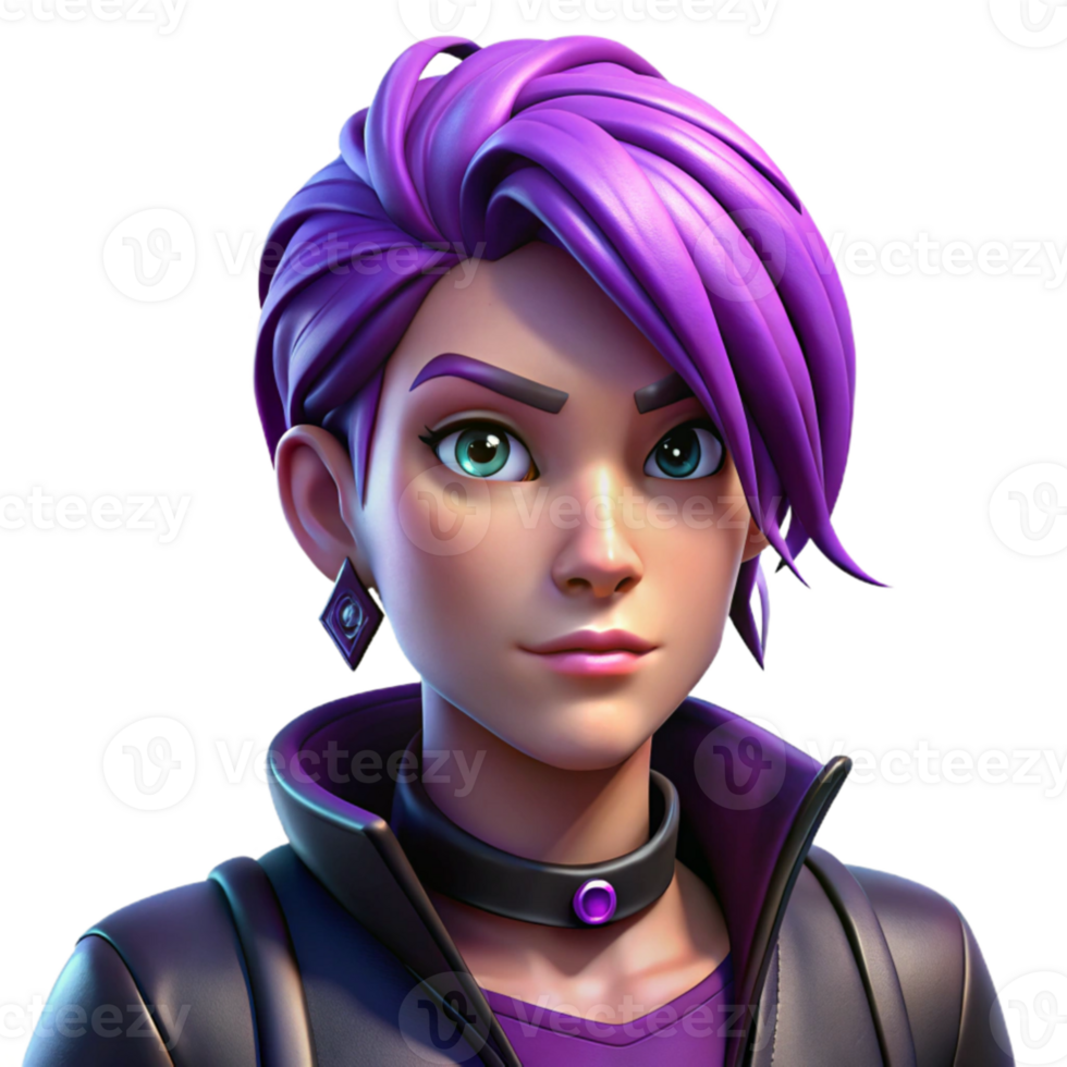 wonderful artistic beautiful rustic Portrait of an androgynous person with short, vibrant purple hair and multiple piercings, wearing a leather jacket and a defiant expression.... png