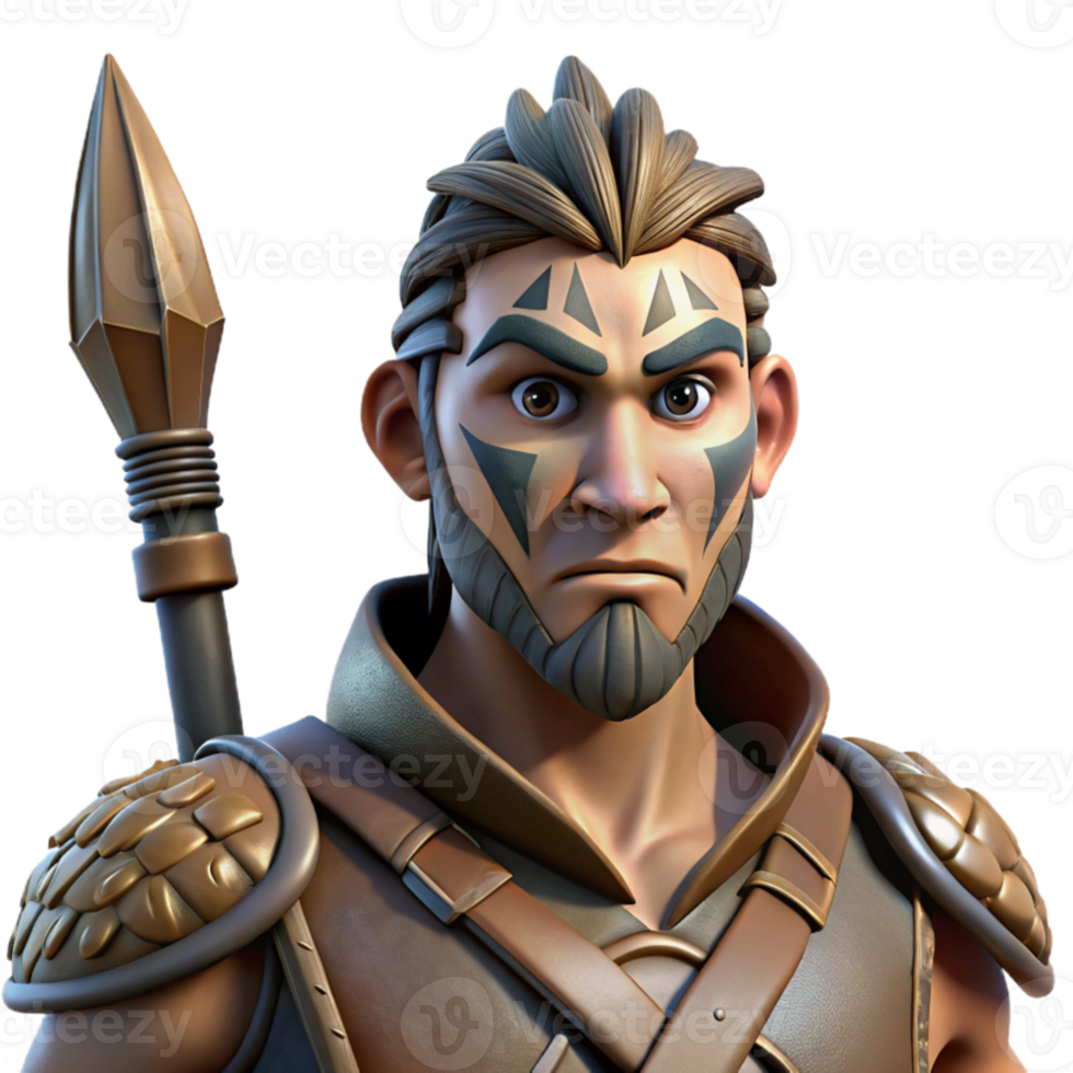 magnificent contemporary dramatic abstract Portrait of a stern-looking warrior with tribal face paint and leather armor, holding a spear. Dramatic, low-key lighting. Realistic style exclusive genuine png