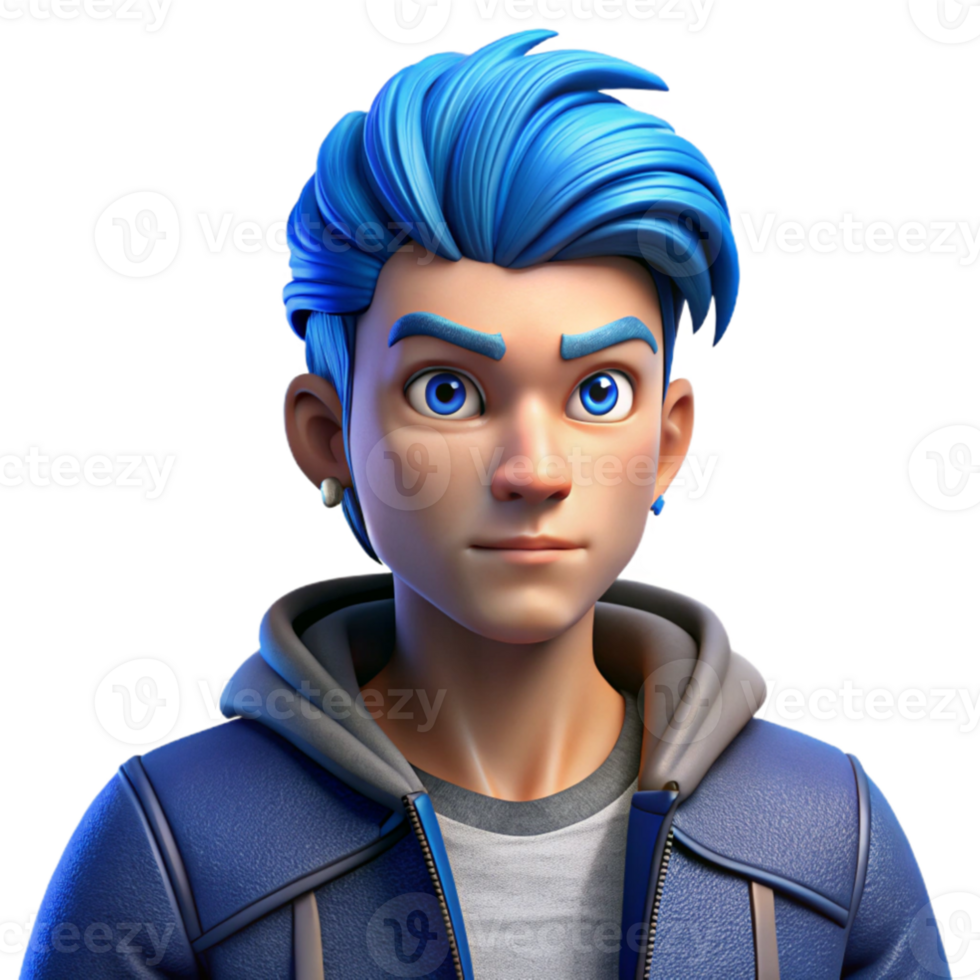 wonderful rustic magnificent artistic Portrait of a young man with vibrant blue hair styled in a mohawk, wearing a ripped denim jacket and a rebellious expression. Harsh, contrasting lighting.... png